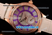 Jaeger-LeCoultre Lady Miyota Quartz Rose Gold Case with White MOP Dial Purple Stick Markers and White Leather Strap - Diamonds Bezel