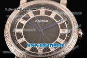 Cartier Rotonde De Miyota Quartz Steel Case with Black Dial Diamonds Bezel and Diamonds Markers