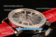 Cartier Rotonde De Swiss Quartz Steel Case with Diamonds Bezel Skeleton Dial and Red Leather Strap