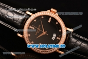 Patek Philippe Calatrava Miyota Quartz Rose Gold Case with Diamonds Bezel and Black Dial - Diamonds Markers