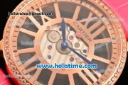 Cartier Rotonde De Swiss Quartz Rose Gold Case with Diamonds Bezel Skeleton Dial and Hot Pink Leather Strap