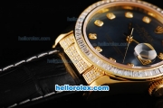 Rolex Datejust Automatic Movement ETA Coating Case with Diamond Bezel-Black Leather Strap