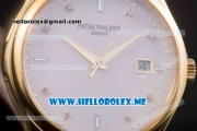 Patek Philippe Calatrava Miyota Quartz Yellow Gold Case with White Dial and Brown Leather Strap Diamonds Markers