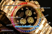 Rolex Daytona II Rainbow Asia 3836 Automatic Yellow Gold Case/Strap with Black Dial and Rainbow Colored Bezel