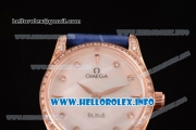 Omega De Ville Prestige Miyota Quartz Rose Gold Case with White MOP Dial Diamonds Bezel and Blue Leather Strap