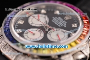 Rolex Daytona Rainbow Asia 3836 Automatic Steel/Diamond Case with Black Leather Strap Colorful Diamond Bezel and Black Dial (BP)