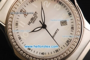 Hublot Swiss Quartz Movement Steel Case with White Dial and Diamond Bezel-Black Rubber Strap