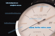 Patek Philippe Calatrava Swiss ETA 2824 Automatic Stainless Steel Case with Black Leather Strap and White Dial Stick Markers