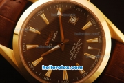 Omega Seamaster Co-Axial Automatic Yellow Gold Case with Black Dial and Brown Leather Strap - ETA Coating