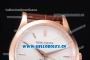 Patek Philippe Complications Miyota 9015 Automatic Rose Gold Case with White Dial Stick Markers and Brown Leather Strap