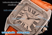 Cartier Santos 100 Medium Japanese Miyota OS2035 Quartz Steel Case with Orange Leather Strap Diamond Bezel and White Dial