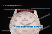 Omega De Ville Prestige Miyota Quartz Steel Case with White MOP Dial Diamonds Bezel and Wine Leather Strap