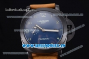 Panerai Luminor 1950 3 Days GMT Asia ST25 Automatic PVD Case with Blue Dial Arabic Numeral Markers and Brown Leather Strap