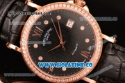 Patek Philippe Calatrava Swiss ETA 2824 Automatic Rose Gold Case with Roman Numeral/Diamonds Markers Diamonds Bezel and Black Dial