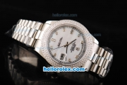 Rolex Day Date II Automatic Movement Full Steel with Double Row Diamond Bezel with Diamond Markers and White MOP Dial