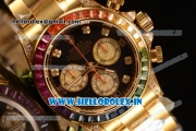 Rolex Cosmograph Daytona Rainbow Diamond Chrono Swiss Valjoux 7750 Automatic Yellow Gold Case Black Dial With Diamonds Markers Yellow Gold Bracelet