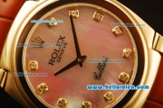 Rolex Cellini Swiss Quartz Yellow Gold Case with Pink MOP Dial and Brown Leather Strap-Diamond Markers