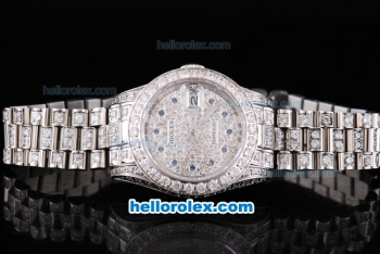 Rolex Datejust Oyster Perpetual Automatic Swiss ETA Automatic Movement ETA Case Full Diamond with Diamond Dial and Blue Round Pearl Marking