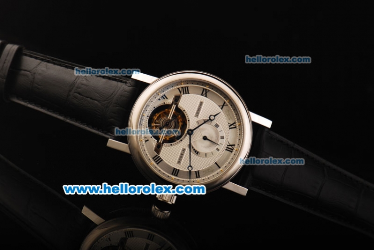 Breguet Classique Complications Flying Tourbillon Manual Winding Movement White Dial with Black Roman Numerals and Black Leather Strap - Click Image to Close