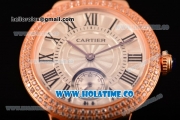 Cartier Ballon Bleu De Small Swiss Quartz Rose Gold Case with Diamonds Bezel White Dial and Blue Leather Strap - Black Markers