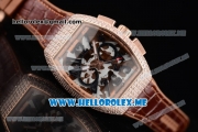 Franck Muller Vanguard Miyota OS20 Quartz Rose Gold Case with Brown/White Dial Brown Leather Strap Arabic Numeral Markers and Diamonds Bezel