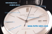 Patek Philippe Calatrava Swiss ETA 2824 Automatic Stainless Steel Case with Black Leather Strap and White Dial