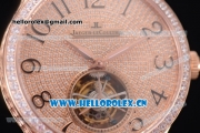 Jaeger-LECoultre Master Grande Tourbillon Swiss Tourbillon Automatic Rose Gold Case with Diamonds Dial and Brown Leather Strap Diamonds Bezel (FT)