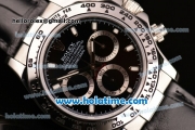 Rolex Daytona Oyster Perpetual Swiss Valjoux 7750 Chronograph Movement Silver Case with Black Dial and Black Leather Strap