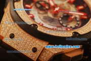Hublot King Power Swiss Valjoux 7750 Automatic Rose Gold Case with Diamond Bezel and Skeleton Dial-Red Markers
