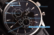 IWC Portuguese Chrono Japanese Miyota OS10 Quartz Stainless Steel Case with Black Leather Strap and Black Dial Stick Markers