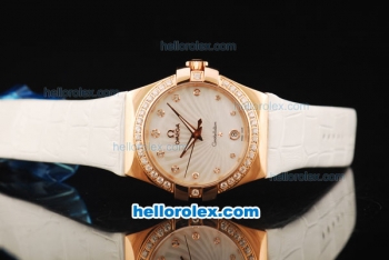 Omega Constellation Swiss ETA Quartz Rose Gold Case with Diamond Bezel and White Leather Strap