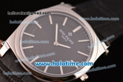 Patek Philippe Gondolo Japanese Miyota Quartz Steel Case with Black Leather Bracelet Stick Markers and Black Dial