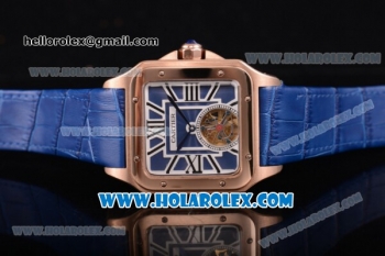 Cartier Santos Tourbillon Asia Automatic Rose Gold Case with Blue Dial and Blue Leather Strap - Roman Numeral Markers