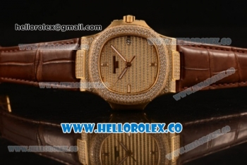 Patek Philippe Nautilus Miyota 9015 Automatic Diamonds/Yellow Gold Case with Diamonds Dial and Brown Leather Strap (AAAF)