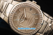 Patek Philippe Nautilus Swiss Quartz Movement Full Steel with White Markers and Diamond Bezel