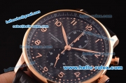 IWC Portuguese Chronograph Miyota Quartz Rose Gold Case with Black Carbon Fiber Dial and Black Leather Strap