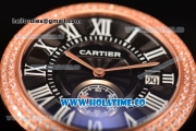 Cartier Rotonde De Miyota Quartz Rose Gold Case/Bracelet with Diamonds Bezel Black Dial and White Roman Numeral Markers