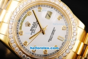Rolex Day Date II Automatic Movement Full Gold with Diamond Bezel-White Dial and Diamond Markers