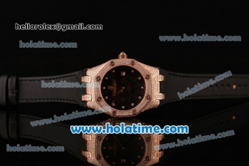 Audemars Piguet Royal Oak Lady Miyota OS2035 Quartz Rose Gold/Diamond Case with Black Leather Bracelet and Black Dial (EF)