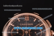 Cartier Rotonde De Chrono Miyota Quartz Rose Gold Case with Black Starry Dial and Brown Leather Strap - Stick Markers