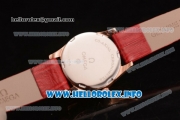 Omega De Ville Prestige Miyota Quartz Rose Gold Case with White MOP Dial Diamonds Bezel and Red Leather Strap