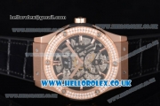 Hublot Classic Fusion Skeleton Asia Automatic Rose Gold Case with Skeleton Dial Diamonds Bezel and Black Leather Strap