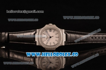 Patek Philippe Nautilus Miyota 9015 Automatic Steel Case Diamond Bezel with White Dial and Black Leather Strap