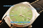 Rolex Datejust Automatic with Green Dial and ETA case-White Bezel-Diamond Marking-Small Calendar-Black Leather Strap