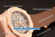 Hublot Classic Fusion Aerofusion Chronograph Orlinski Japanese Miyota OS20 Quartz Rose Gold Case with Black Dial Stick Markers and Brown Rubber Strap