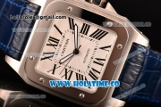 Cartier Santos 100 Large Asia Automatic Steel Case with Blue Leather Strap Black Roman Numeral Markers and White Dial