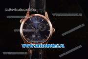 1:1 Jaeger-LECoultre Master Georgraphic Miyota 9015 Automatic Rose Gold Case with Blue Dial Stick Markers and Blue Genuine Leather