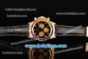 Rolex Daytona Rainbow Asia 3836 Automatic Yellow/Diamond Case with Black Leather Strap Colorful Diamond Bezel and Black Dial (BP)