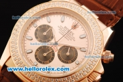 Rolex Daytona Chronograph Miyota Quartz Movement Rose Gold Case with Double Row Diamond Bezel and RG Dial - Brown Leather Strap