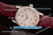 Omega De Ville Prestige Miyota Quartz Steel Case with White MOP Dial Diamonds Bezel and Wine Leather Strap